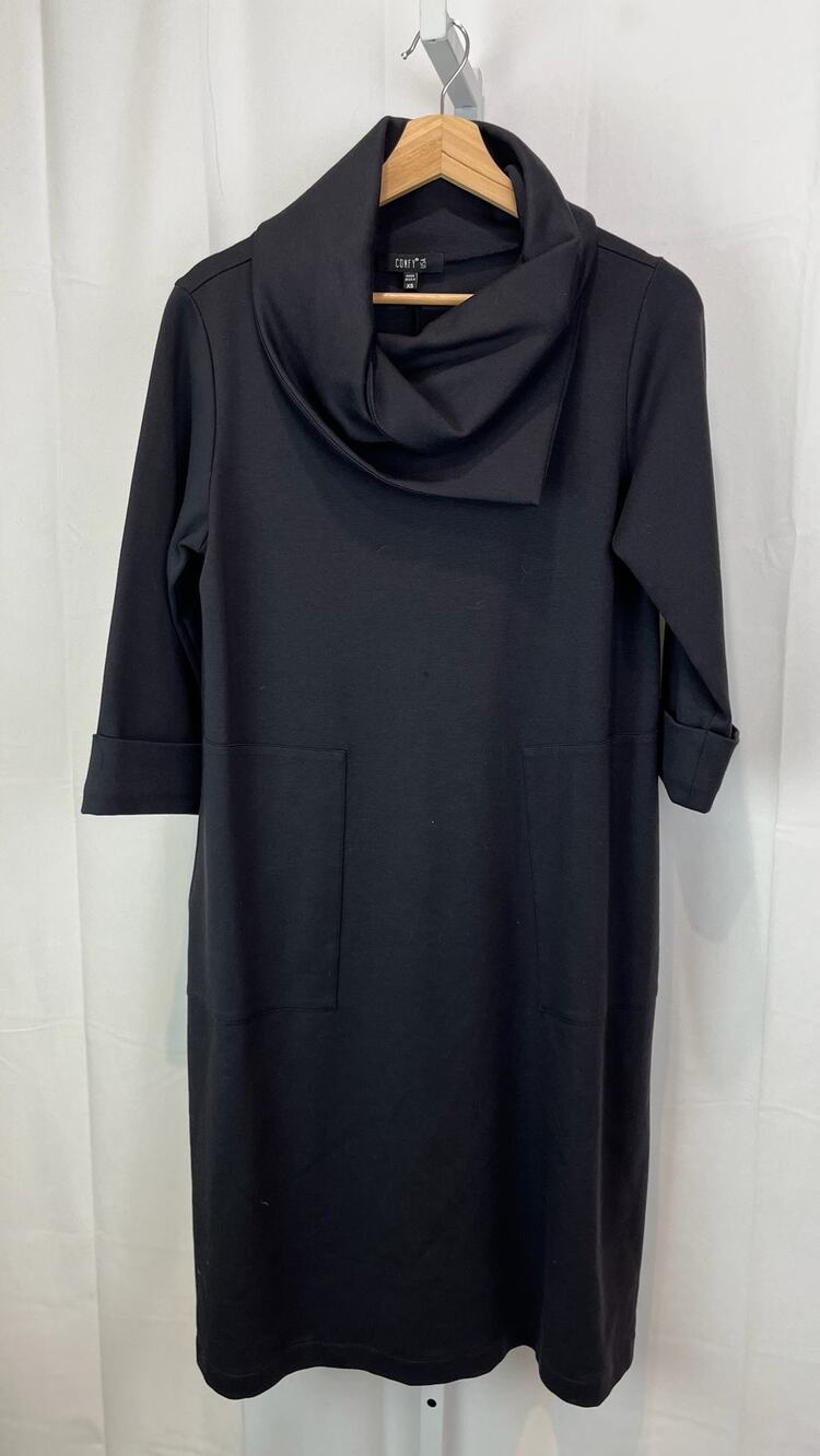 COMFY USA Size XS Split Cowl Neck Shift Dress 3/4 Sleeve Below Knee Knit Black